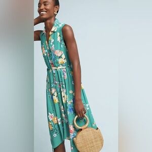 Anthropologie Maeve Rory Botanical Green Floral Sleeveless Shirt Dress Size 2
